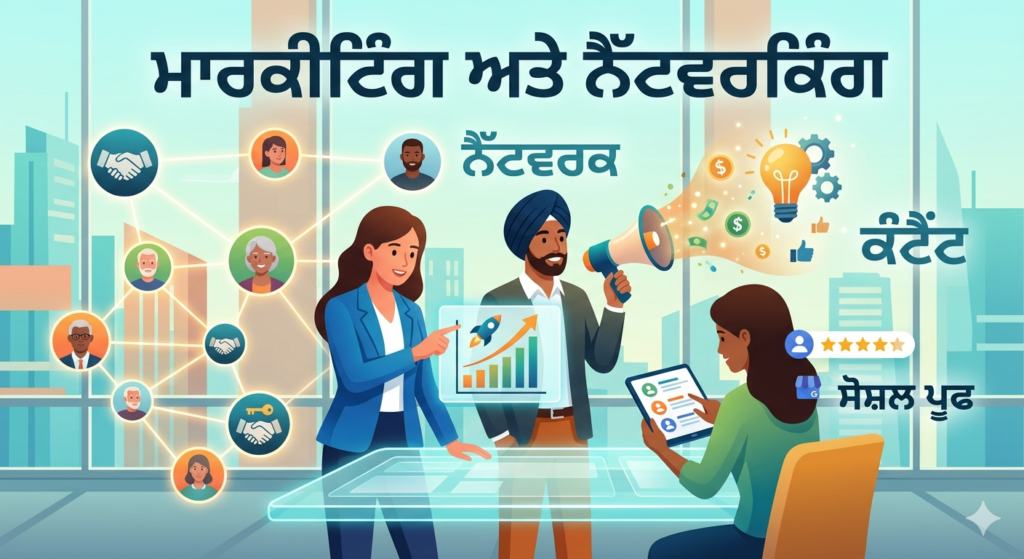 ਇੱਕ ਪੰਜਾਬੀ ਕਾਰੋਬਾਰੀ ਵਿਅਕਤੀ ਮਾਰਕੀਟਿੰਗ ਅਤੇ ਨੈੱਟਵਰਕਿੰਗ ਦੇ ਸੰਕਲਪਾਂ ਨੂੰ ਸਮਝਾਉਂਦੇ ਹੋਏ।