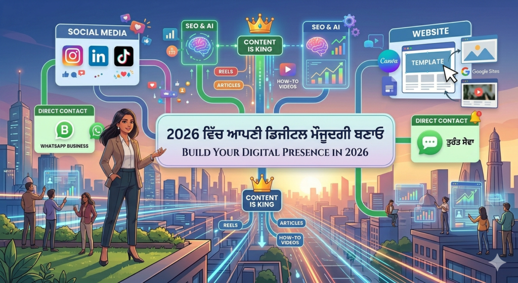2026 ਵਿੱਚ ਆਪਣੀ ਡਿਜੀਟਲ ਮੌਜੂਦਗੀ ਬਣਾਉਣ ਲਈ ਇੱਕ ਪੇਸ਼ੇਵਰ ਔਰਤ ਅਤੇ ਫਿਊਚਰਿਸਟਿਕ ਸਿਟੀ ਸਕਾਈਲਾਈਨ ਵਾਲਾ ਇਨਫੋਗ੍ਰਾਫਿਕ।