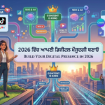 2026 ਵਿੱਚ ਆਪਣੀ ਡਿਜੀਟਲ ਮੌਜੂਦਗੀ ਬਣਾਉਣ ਲਈ ਇੱਕ ਪੇਸ਼ੇਵਰ ਔਰਤ ਅਤੇ ਫਿਊਚਰਿਸਟਿਕ ਸਿਟੀ ਸਕਾਈਲਾਈਨ ਵਾਲਾ ਇਨਫੋਗ੍ਰਾਫਿਕ।