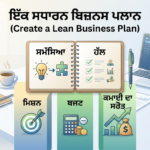ਇੱਕ ਪੰਨੇ ਦਾ ਲ਼ੀਨ ਬਿਜ਼ਨਸ ਪਲਾਨ ਇਨਫੋਗ੍ਰਾਫਿਕ (Lean Business Plan Infographic in Punjabi showing Mission, Budget, and Revenue)