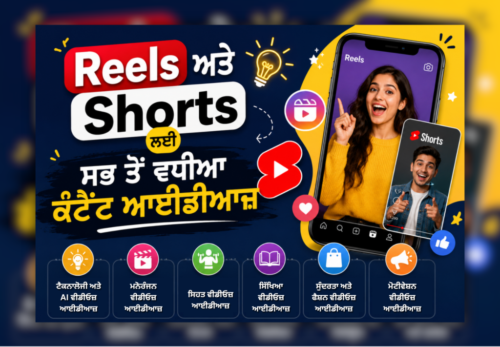 Reels ਅਤੇ YouTube Shorts ਲਈ ਵਾਇਰਲ ਕੰਟੈਂਟ ਆਈਡੀਆਜ਼ ਦਿਖਾਉਂਦੀ ਪੰਜਾਬੀ ਬਲੋਗ ਪੋਸਟ ਇਮੇਜ