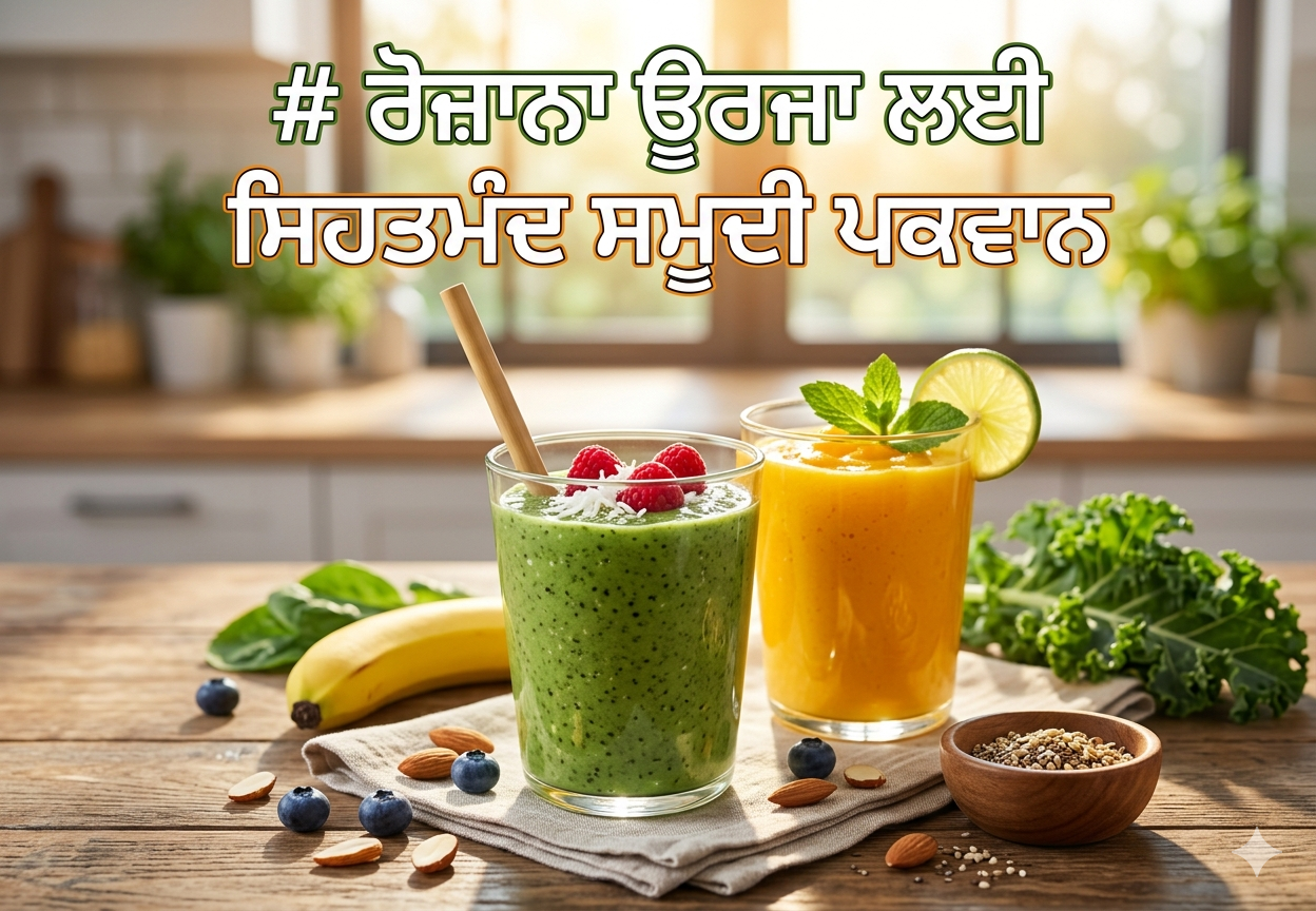 ਫਲਾਂ ਅਤੇ ਸਬਜ਼ੀਆਂ ਨਾਲ ਬਣੀਆਂ ਸਿਹਤਮੰਦ ਸਮੂਦੀਆਂ ਦਾ ਗਲਾਸ, ਜੋ ਰੋਜ਼ਾਨਾ ਊਰਜਾ ਅਤੇ ਤਾਜ਼ਗੀ ਪ੍ਰਦਾਨ ਕਰਦਾ ਹੈ।