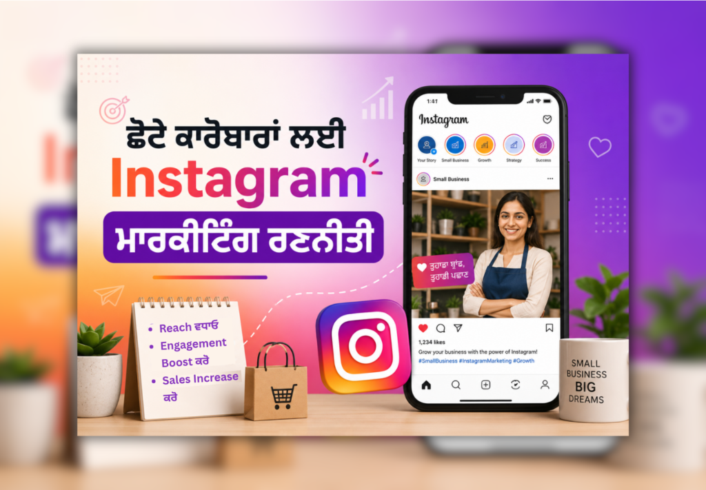 ਛੋਟੇ ਕਾਰੋਬਾਰਾਂ ਲਈ Instagram ਮਾਰਕੀਟਿੰਗ ਰਣਨੀਤੀ ਦਰਸਾਉਂਦੀ ਪੰਜਾਬੀ ਬਲੌਗ ਪੋਸਟ ਇਮੇਜ ਜਿਸ ਵਿੱਚ Instagram growth, small business promotion ਅਤੇ social media marketing concepts ਦਿਖਾਏ ਗਏ ਹਨ।