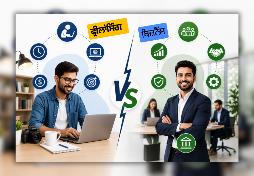 ਲਾਂਸਿੰਗ ਅਤੇ ਬਿਜ਼ਨੈੱਸ ਦੀ ਤੁਲਨਾ ਦਰਸਾਉਂਦੀ ਪੰਜਾਬੀ ਬਲੌਗ ਇਮੇਜ ਜਿਸ ਵਿੱਚ freelancer workspace ਅਤੇ business professional ਨਾਲ growth icons ਅਤੇ success concepts ਦਿਖਾਏ ਗਏ ਹਨ।