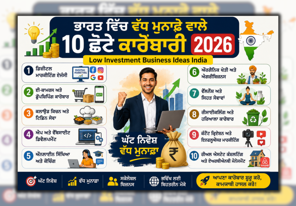 ਭਾਰਤ ਵਿੱਚ ਘੱਟ ਨਿਵੇਸ਼ ਨਾਲ ਸ਼ੁਰੂ ਹੋਣ ਵਾਲੇ 10 ਵੱਧ ਮੁਨਾਫ਼ੇ ਵਾਲੇ ਛੋਟੇ ਕਾਰੋਬਾਰੀ ਵਿਚਾਰ 2026