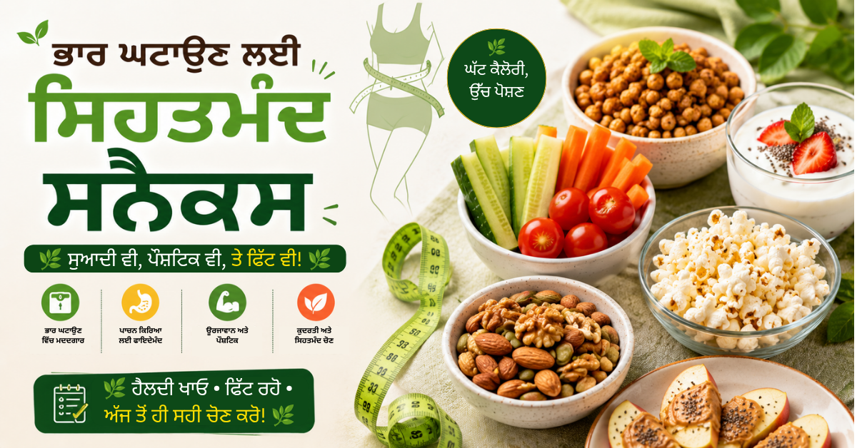 ਮਖਾਣੇ, ਭੁੰਨੇ ਛੋਲੇ, ਦਹੀ, ਫਲ, ਸਬਜ਼ੀਆਂ, ਨਟਸ ਅਤੇ ਹੋਰ ਸਿਹਤਮੰਦ ਸਨੈਕਸ ਨਾਲ Weight Loss ਲਈ ਪੰਜਾਬੀ ਗਾਈਡ ਦਰਸਾਉਂਦਾ ਫੀਚਰਡ ਬਲੌਗ ਚਿੱਤਰ।