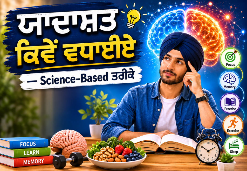 ਇੱਕ ਵਿਦਿਆਰਥੀ ਕਿਤਾਬ ਪੜ੍ਹਦਾ ਹੋਇਆ, ਪਿੱਛੇ ਚਮਕਦਾ ਦਿਮਾਗ ਅਤੇ Focus, Memory, Practice, Exercise ਅਤੇ Sleep ਦੇ ਆਈਕਨ, ਜੋ ਯਾਦਾਸ਼ਤ ਵਧਾਉਣ ਲਈ Science-Based ਤਰੀਕਿਆਂ ਨੂੰ ਦਰਸਾਉਂਦੇ ਹਨ।