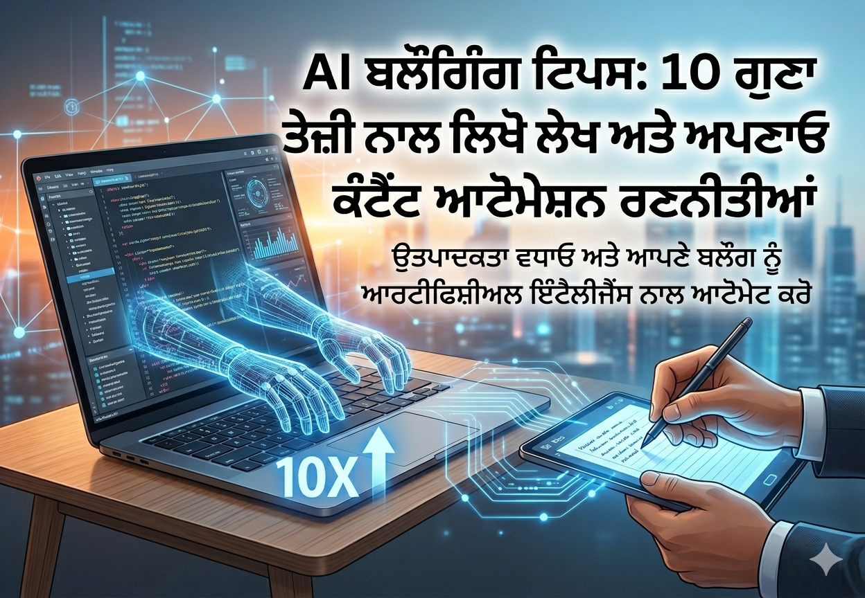 AI ਨਾਲ ਬਲੌਗਿੰਗ ਕਰਦਾ ਰੋਬੋਟ, ਲੈਪਟਾਪ 'ਤੇ ਤੇਜ਼ੀ ਨਾਲ ਲੇਖ ਲਿਖਣ ਅਤੇ ਕੰਟੈਂਟ ਆਟੋਮੇਸ਼ਨ ਰਣਨੀਤੀਆਂ ਨੂੰ ਦਰਸਾਉਂਦਾ ਚਿੱਤਰ