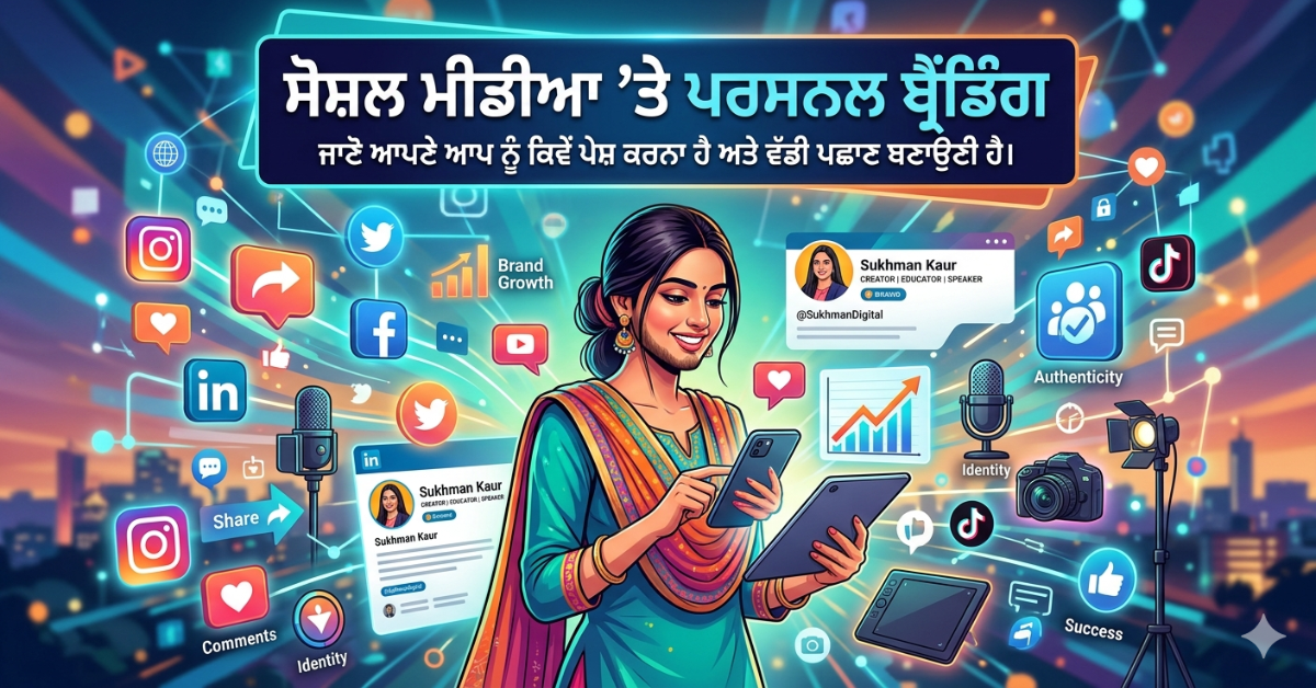 ਲੈਪਟਾਪ ਅਤੇ ਸਮਾਰਟਫੋਨ ’ਤੇ ਸੋਸ਼ਲ ਮੀਡੀਆ ਪ੍ਰੋਫਾਈਲ ਦਿਖਾਉਂਦਾ ਇੱਕ ਪੇਸ਼ੇਵਰ ਵਿਅਕਤੀ, ਜੋ ਪਰਸਨਲ ਬ੍ਰੈਂਡਿੰਗ ਅਤੇ ਔਨਲਾਈਨ ਅਥਾਰਟੀ ਬਣਾਉਣ ਦੀ ਪ੍ਰਕਿਰਿਆ ਦਰਸਾ ਰਿਹਾ ਹੈ।