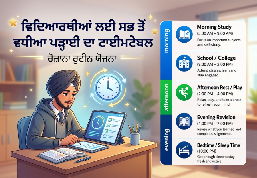 ਵਿਦਿਆਰਥੀਆਂ ਲਈ ਸਭ ਤੋਂ ਵਧੀਆ ਪੜ੍ਹਾਈ ਦਾ ਟਾਈਮਟੇਬਲ ਜਿਸ ਵਿੱਚ ਸਵੇਰ ਦਾ ਅਧਿਐਨ, ਸਕੂਲ/ਕਾਲਜ, ਦੁਪਹਿਰ ਦਾ ਆਰਾਮ, ਸ਼ਾਮ ਦਾ ਰੀਵਿਜ਼ਨ ਅਤੇ ਸੌਣ ਦਾ ਸਮਾਂ ਦਰਸਾਇਆ ਗਿਆ ਹੈ।