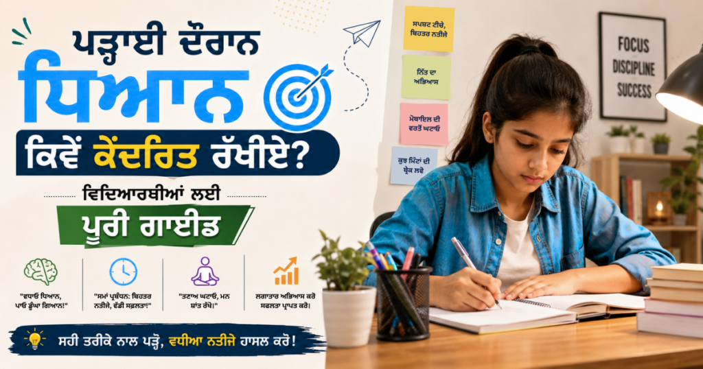 ਇੱਕ ਵਿਦਿਆਰਥਣ ਧਿਆਨ ਨਾਲ ਪੜ੍ਹਾਈ ਕਰ ਰਹੀ ਹੈ, ਨਾਲ Study Focus Tips, Pomodoro Technique, Goal Setting ਅਤੇ Concentration ਵਧਾਉਣ ਦੇ ਸੁਝਾਅ ਦਰਸਾਏ ਗਏ ਹਨ।